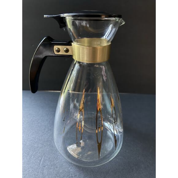 Vintage Coffee Tea Clear Glass Carafe Pot Gold Diamond Star Pattern MCM Atomic - Picture 2 of 9